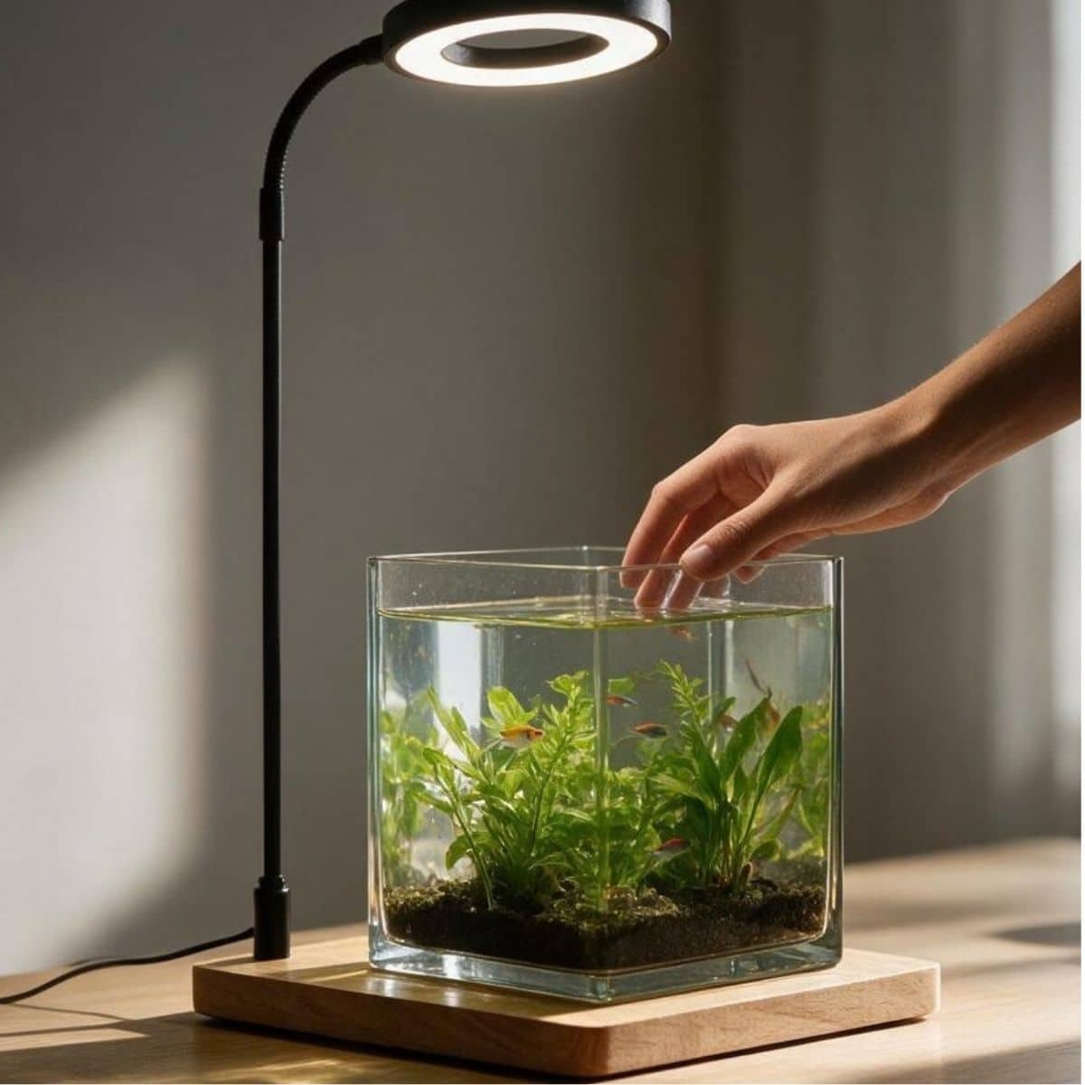 Accueil Lampe LED aquarium avec socle en bois posé au-dessus d'un aquarium