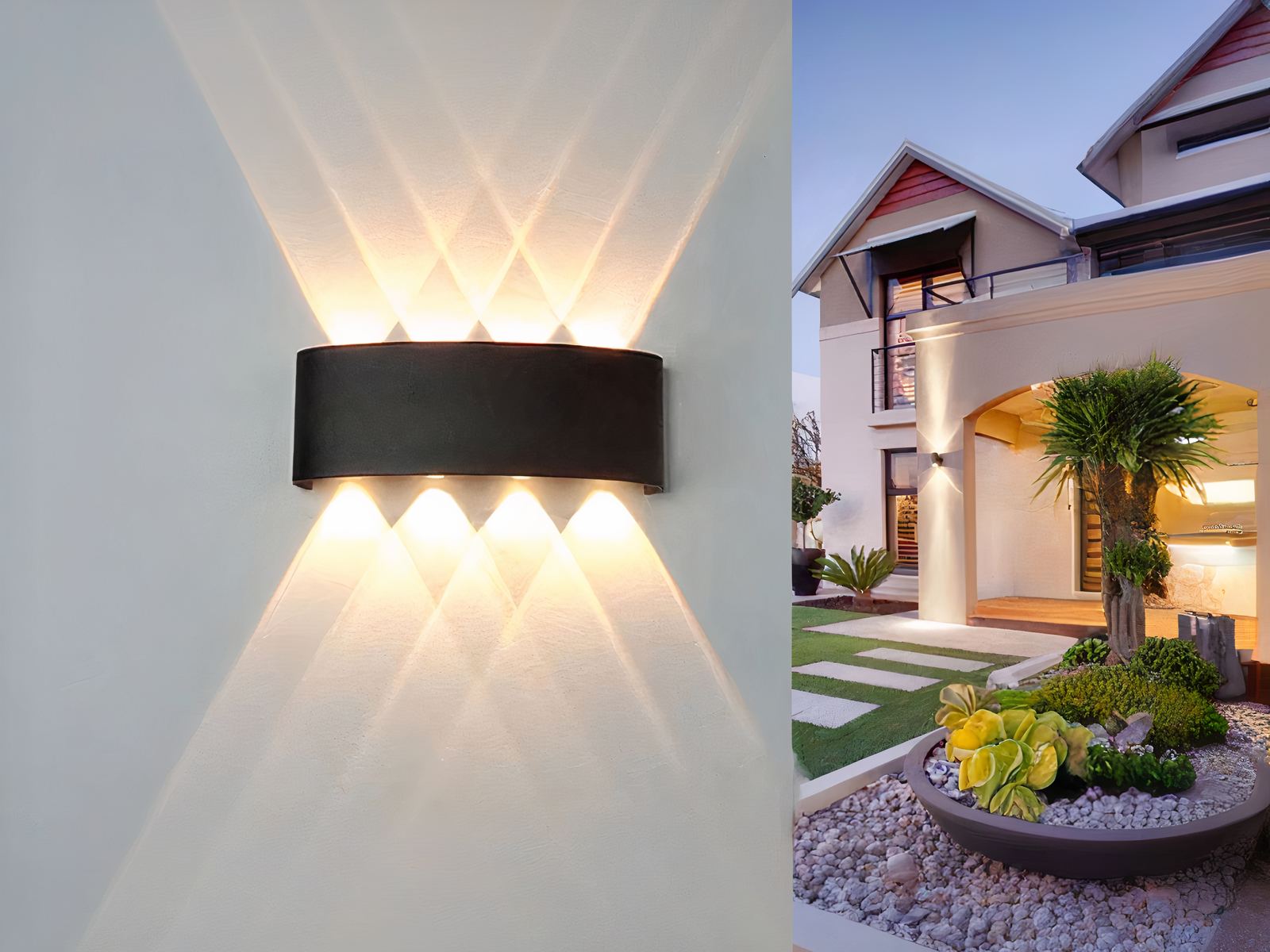 Applique murale exterieur LED à deux côtés installée sur un mur avec une maison en fond