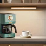 Applique murale LED magnétique sans fil rotative en bois Applique murale LED magnétique, fixé sous un meuble au-dessus d'une cafetière et d'une tasse et sous tasse.