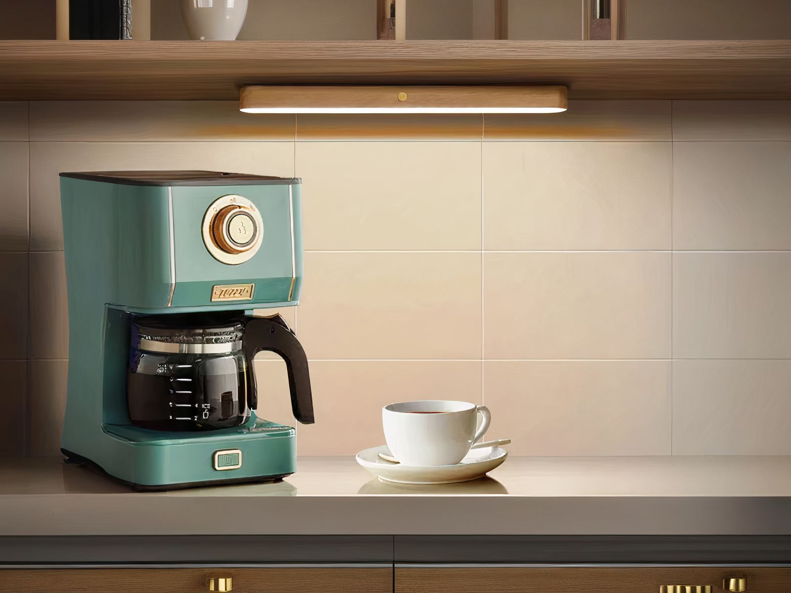 Applique murale LED magnétique sans fil rotative en bois Applique murale LED magnétique, fixé sous un meuble au-dessus d'une cafetière et d'une tasse et sous tasse.