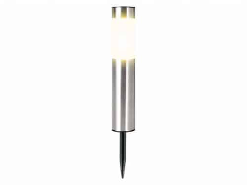 Borne extérieure LED solaire en acier inxoydable argenté, sur un fond blanc.