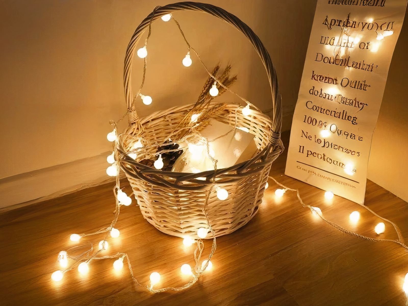 Guirlande LED à piles avec petites boules illuminées posée sur un panier en osier.