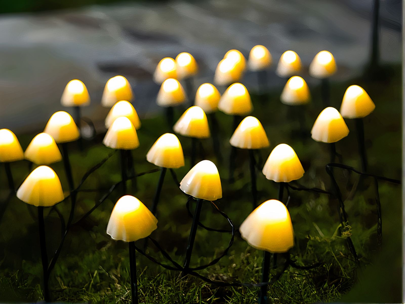 Guirlande LED solaire en forme de champignon installée dans de l'herbe
