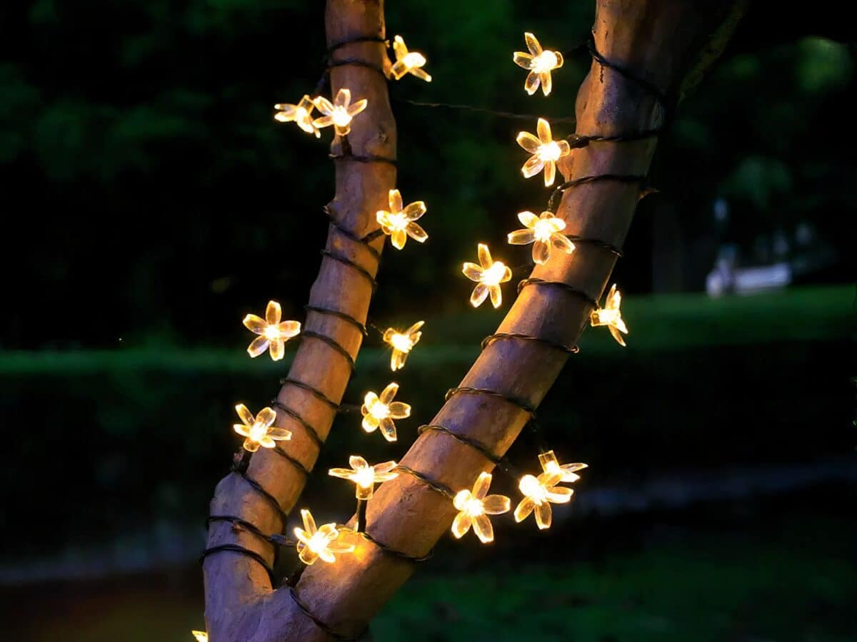 Guirlande LED solaire en forme de fleurs Guirlande LED solaire en forme de fleurs installée autour d'un arbre