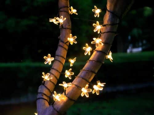 Guirlande LED solaire en forme de fleurs installée autour d'un arbre