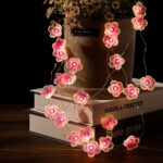 Guirlande mini LED design en forme de fleurs roses Guirlande mini LED design en forme de fleurs roses, sur des livres et un pot de fleur.