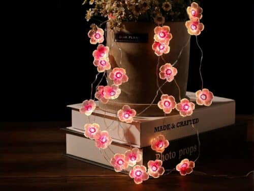 Guirlande mini LED design en forme de fleurs roses, sur des livres et un pot de fleur.