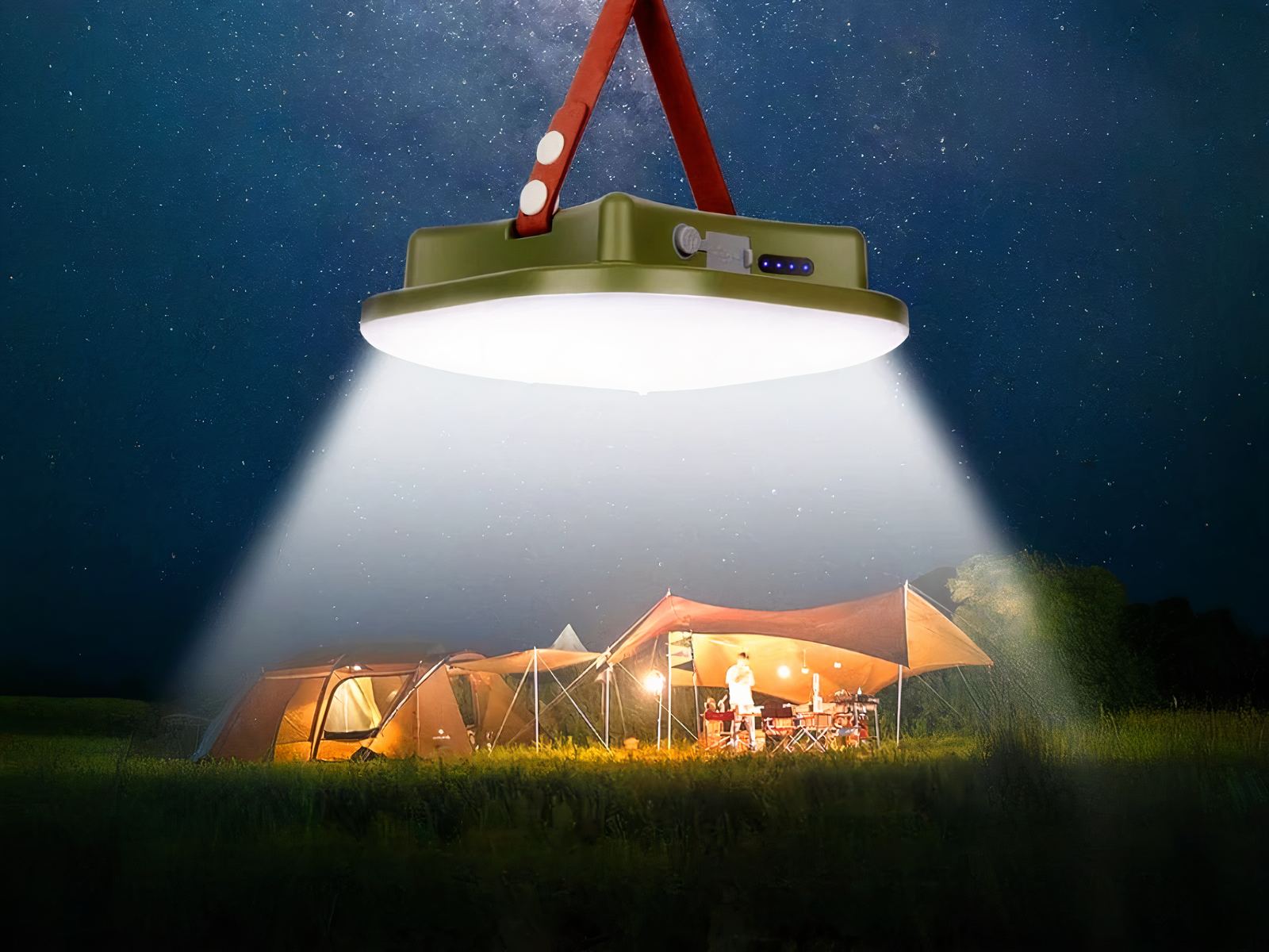 Lampe de camping LED rechargeable et aimantée suspendue au-dessus d'une toile de tente