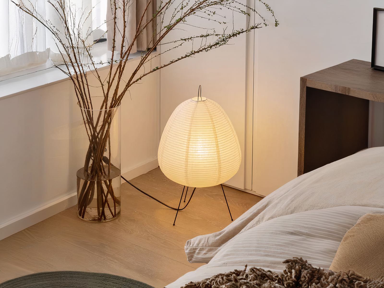 Lampe de chevet LED style lanterne japonaise blanche