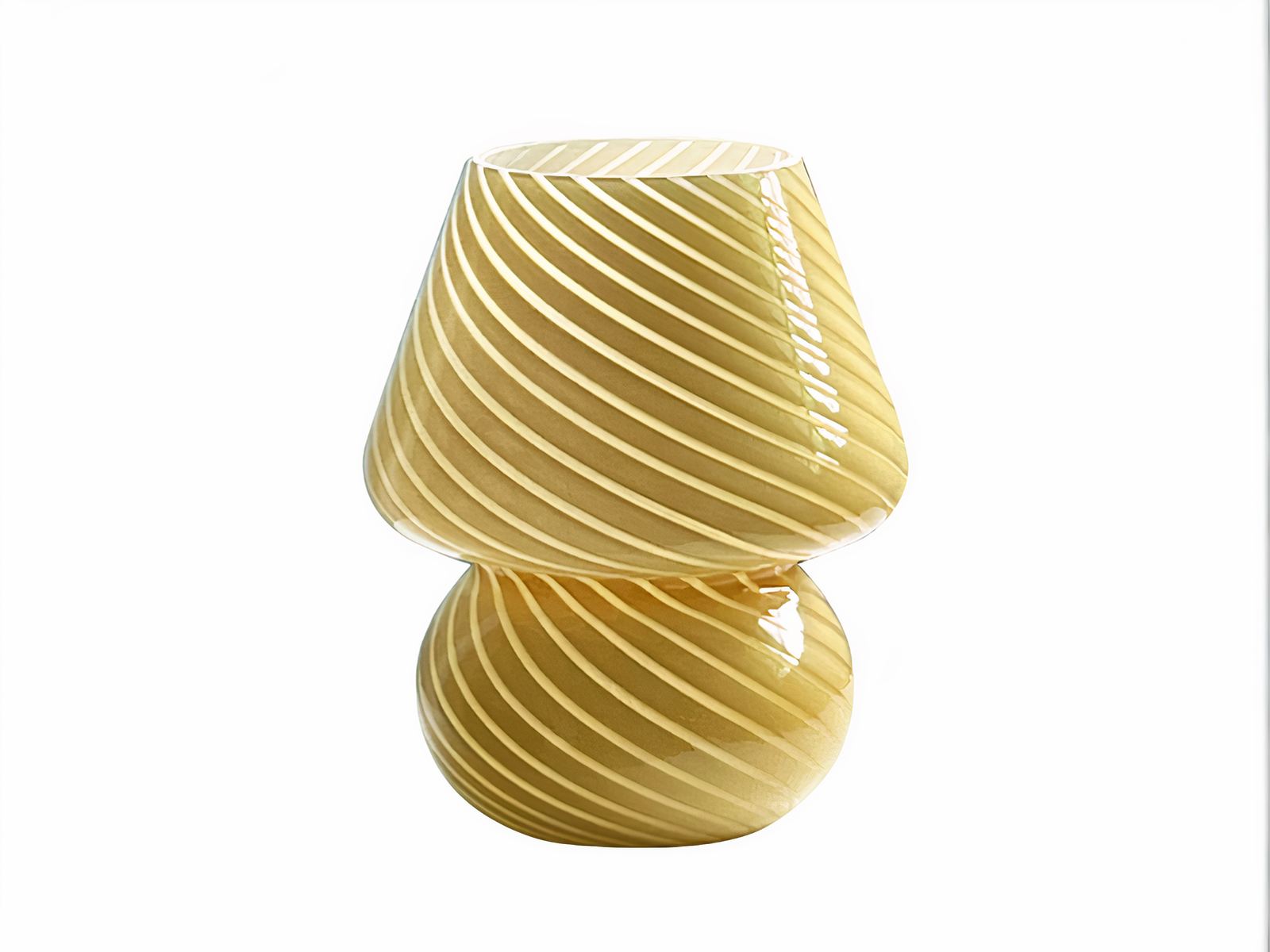 Lampe de chevet LED vintage en verre jaune à rayures, sur un fond blanc.