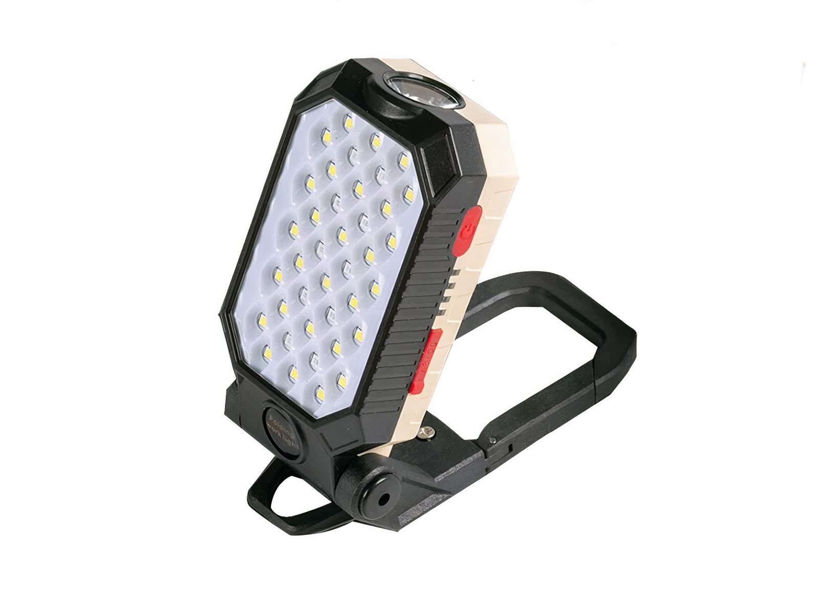 Lampe de travail LED multifonction aimantée et rechargeable Lampe de travail LED multifonction sur fond blanc.