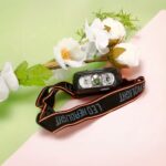 Lampe frontale LED avec batterie rechargeable Lampe frontale LED avec batterie rechargeable sur fond vert et rose avec un bouquet de fleurs