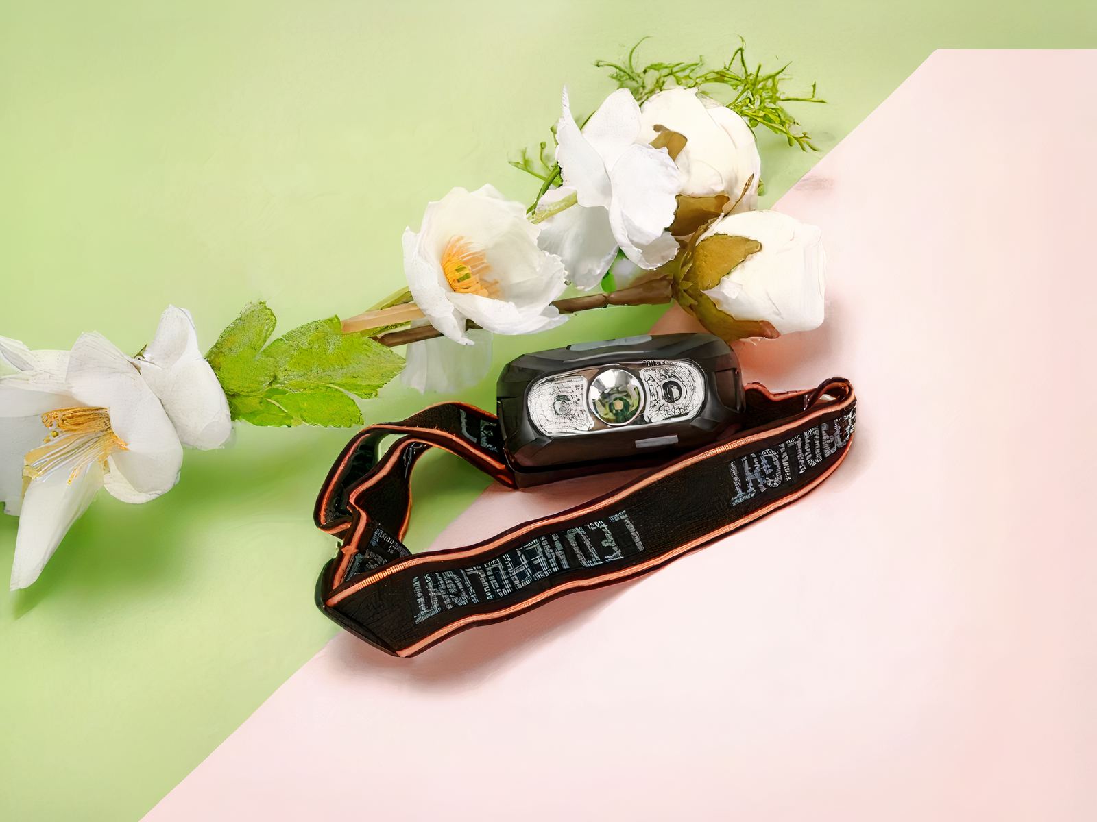 Lampe frontale LED avec batterie rechargeable sur fond vert et rose avec un bouquet de fleurs