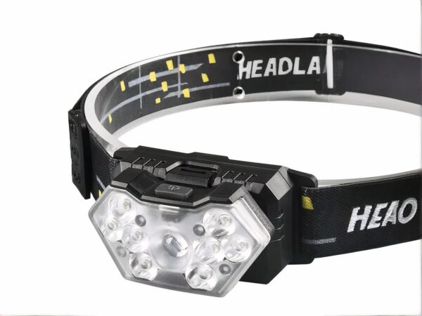 Lampe frontale LED avec capteur de mouvement sur fond blanc