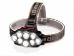 Lampe frontale LED avec élastique ajustable sur fond blanc