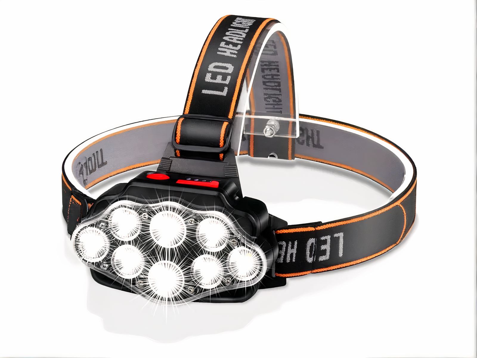 Lampe frontale LED avec élastique ajustable sur fond blanc