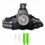 Lampe frontale LED avec faisceau lumineux réglable Lampe frontale LED avec faisceau lumineux réglable sur fond blanc avec un câble USB et deux piles rechargeables