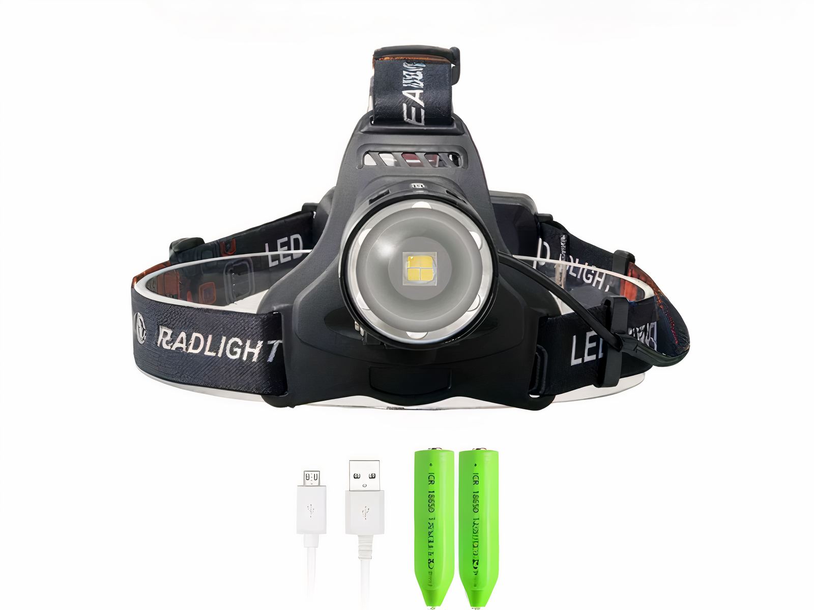 Lampe frontale LED avec faisceau lumineux réglable sur fond blanc avec un câble USB et deux piles rechargeables