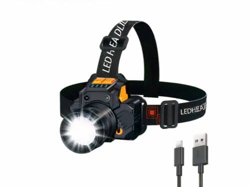Lampe frontale LED en forme d'appareil photo sur fond blanc avec un câble USB