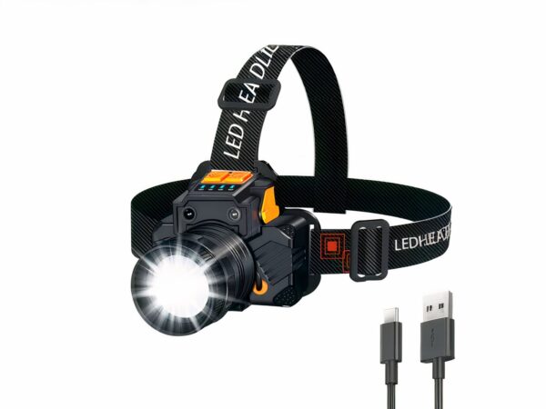 Lampe frontale LED en forme d'appareil photo sur fond blanc avec un câble USB