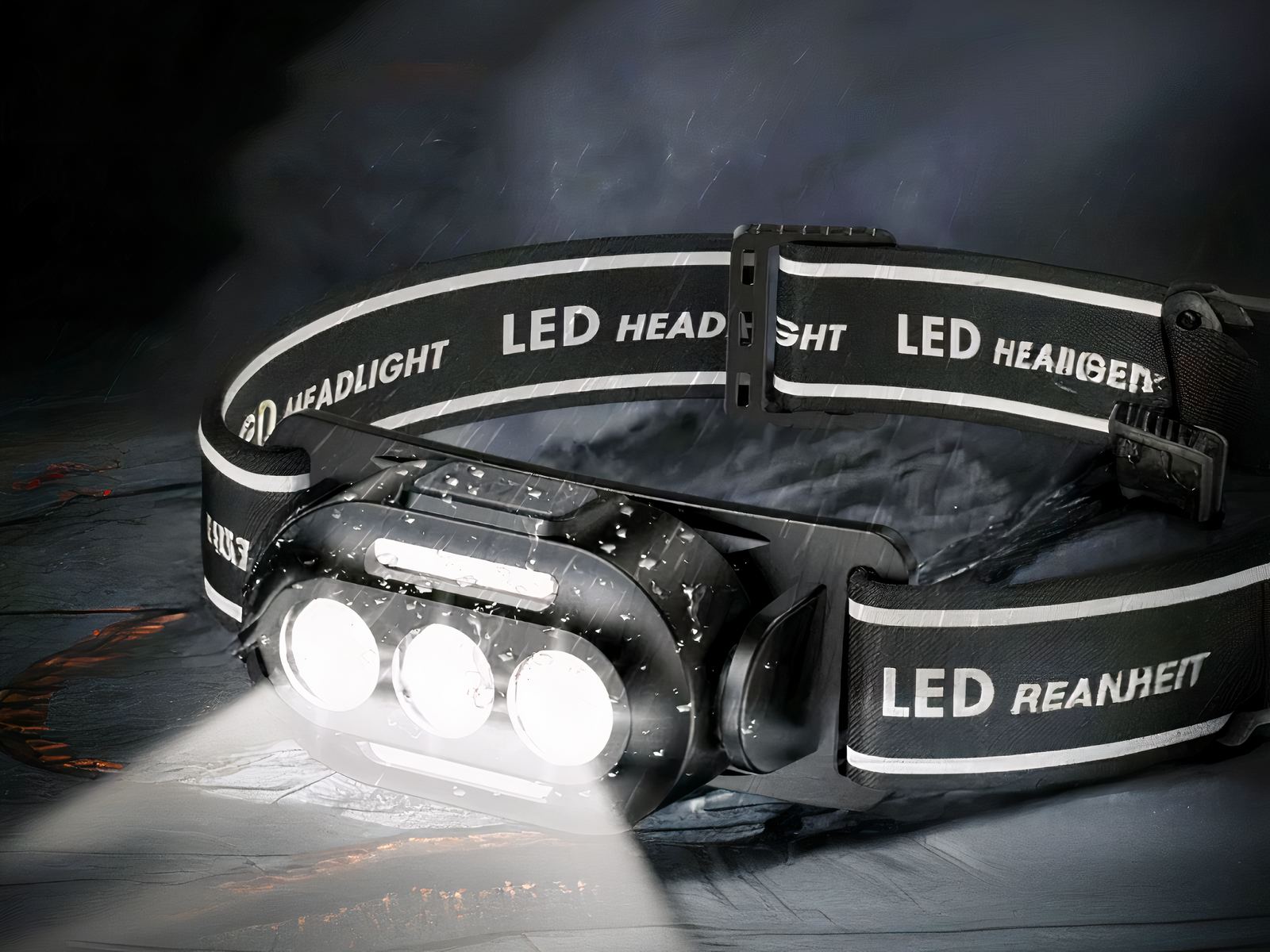 Lampe frontale LED moderne et tendance sous la pluie, de nuit
