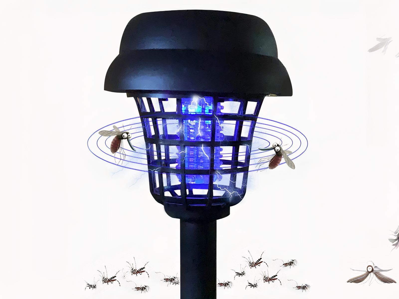 Lampe LED antimoustique efficace pour jardin sur fond blanc avec des moustiques autour