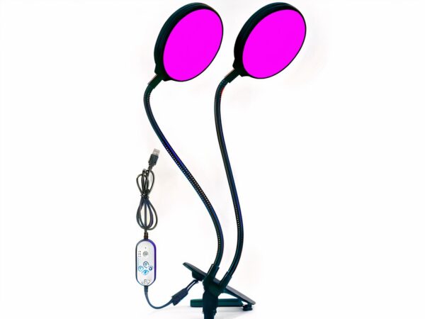 Lampe LED horticole avec deux têtes flexibles sur fond blanc