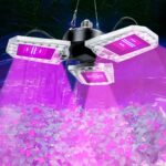 Lampe LED horticole avec trois panneaux Lampe LED horticole avec trois panneaux installée au-dessus d'un massif de fleurs