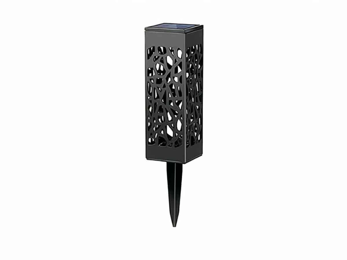 Lampe LED solaire noire design et élégante, sur un fond blanc.