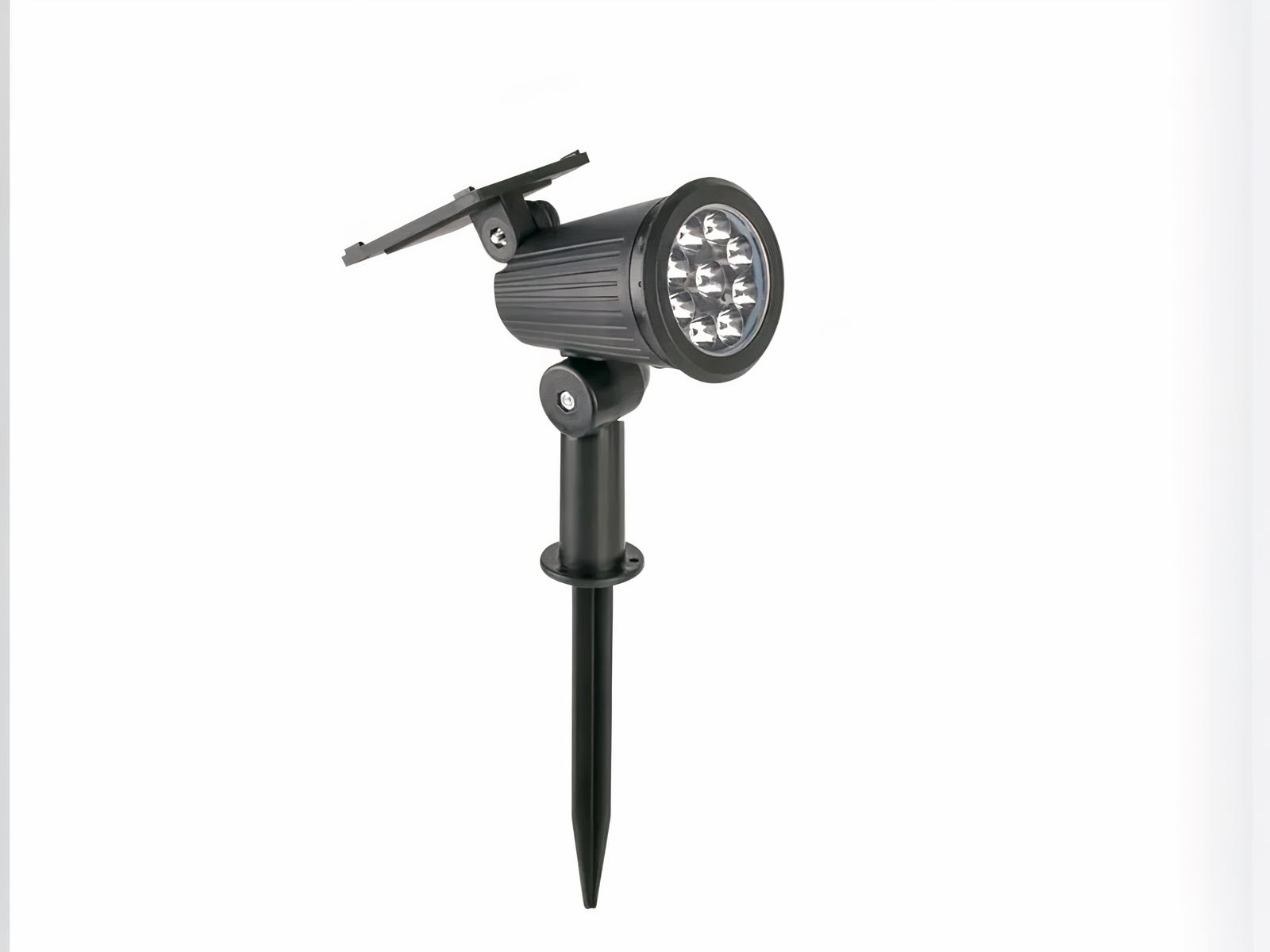 Lampe LED solaire noire style projecteur sur pied Lampe LED solaire noire style projecteur sur pied, sur un fond blanc.