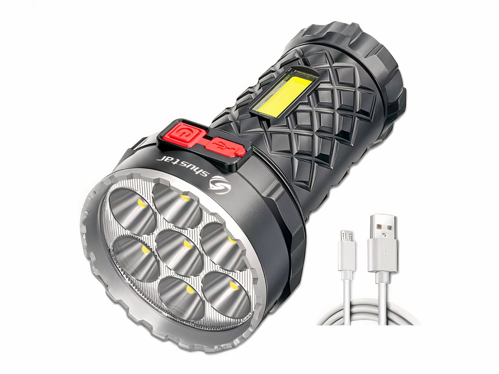 Lampe longue portée LED compacte et moderne sur fond blanc avec un câble USB