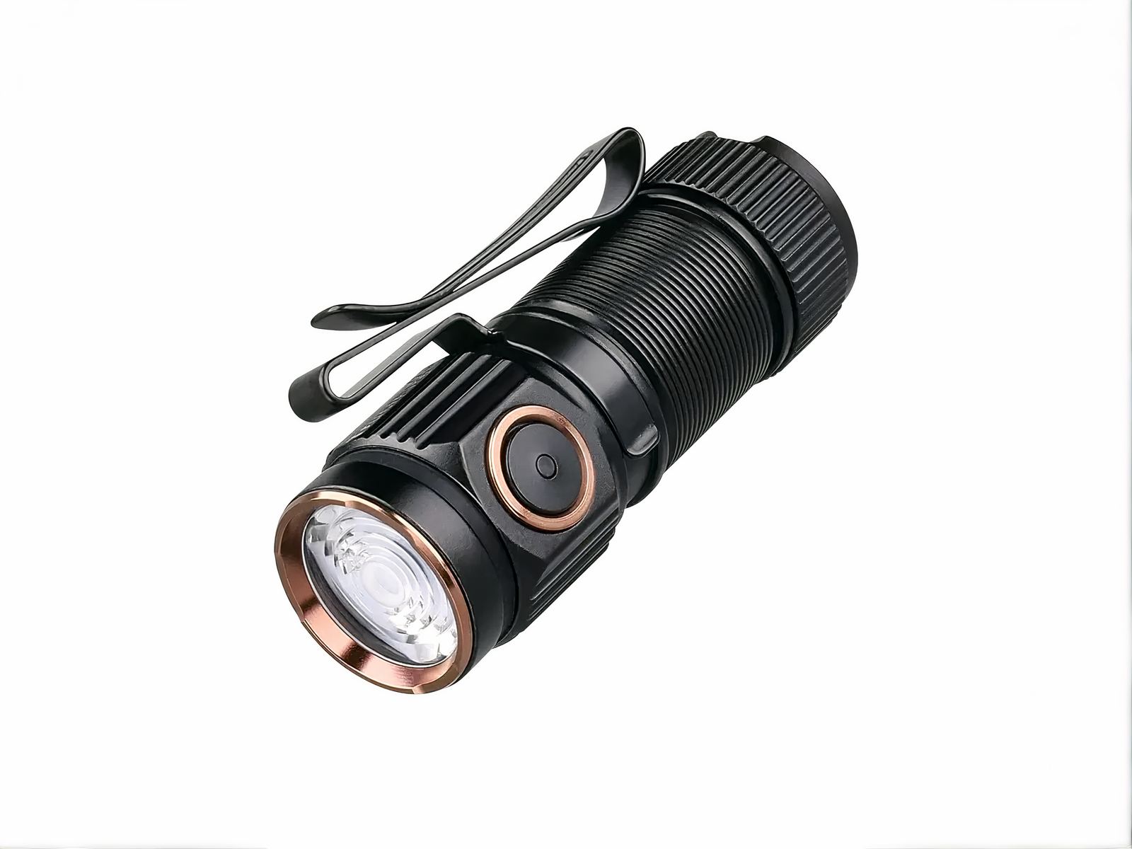 Lampe torche LED noire design et pratique Lampe torche LED noire design et pratique sur fond blanc