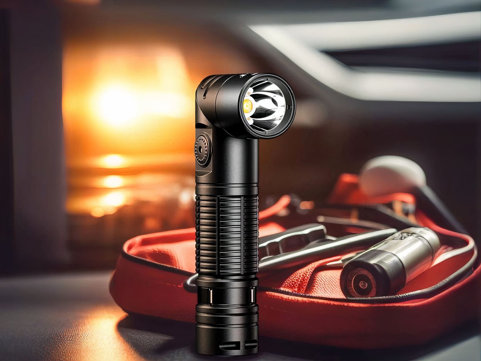 Lampe torche LED réglable et magnétique posée sur une table