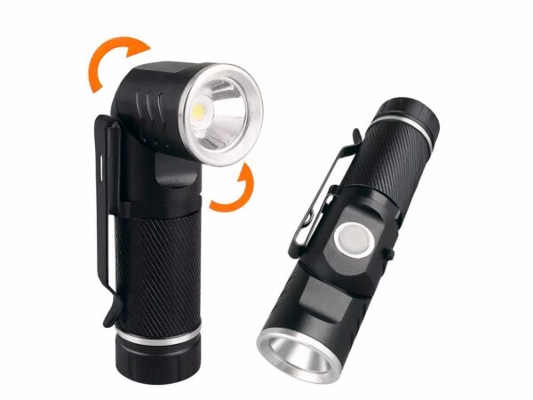Lampe torche LED rotative avec base magnétique sur fond blanc