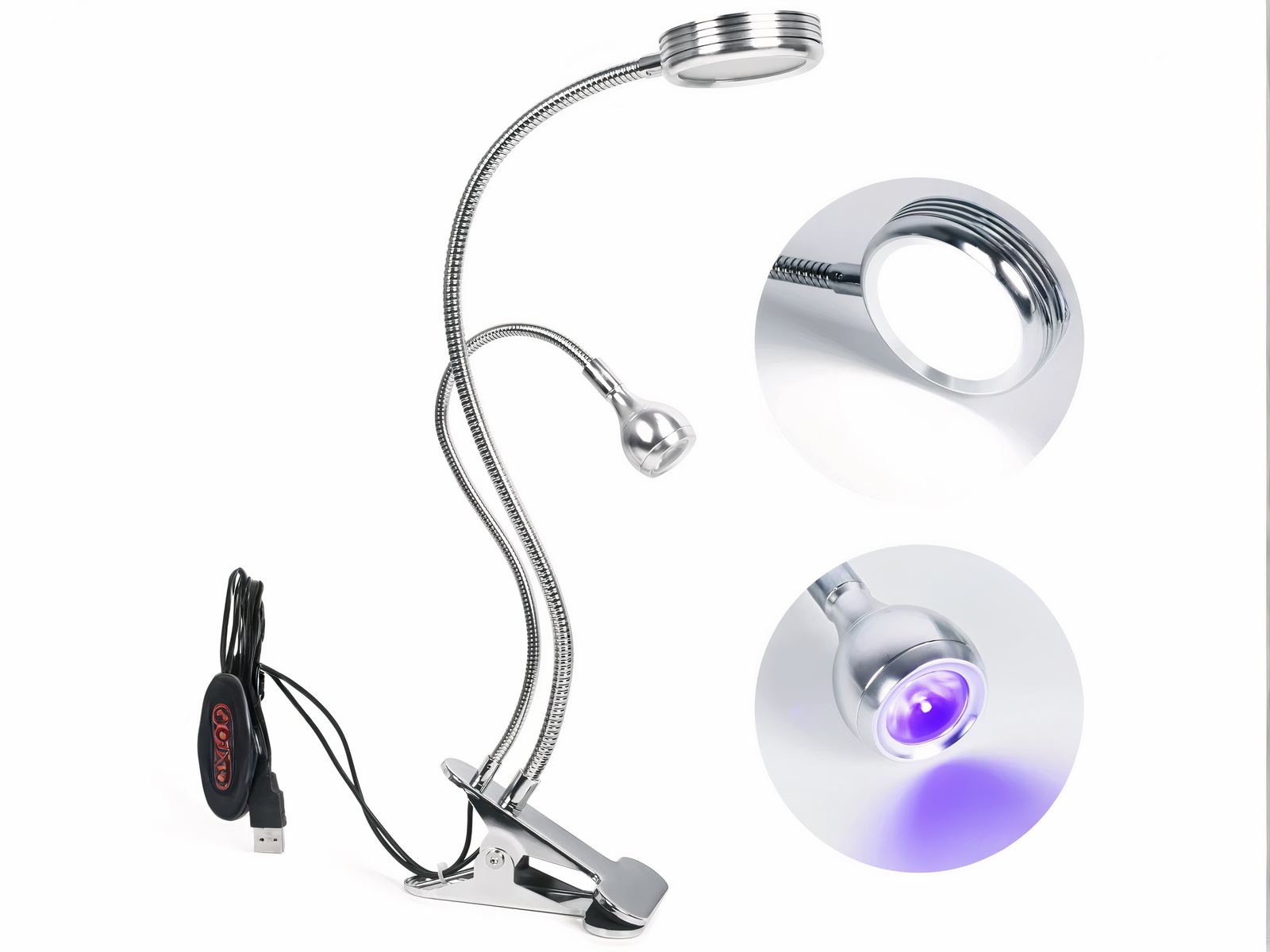 Lampe UV LED argentée à double tête sur fond blanc