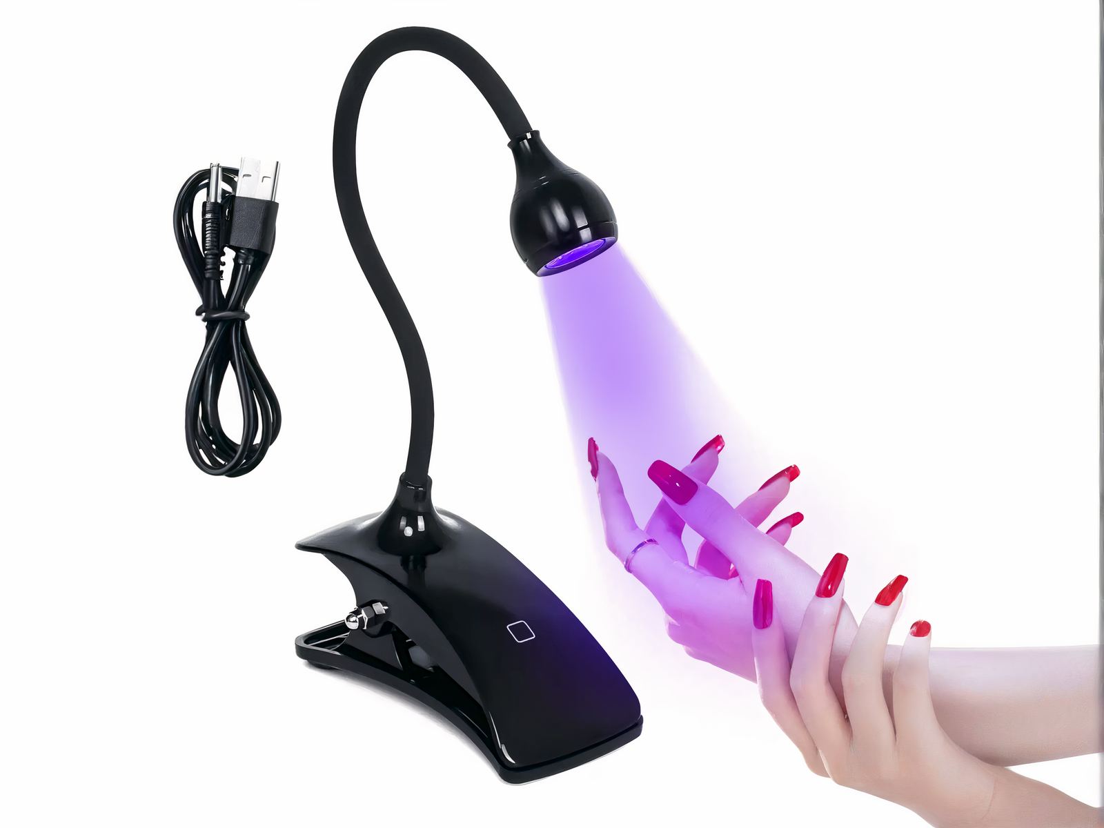 Lampe UV LED flexible pour manucure qui éclaire des ongles et sur fond blanc