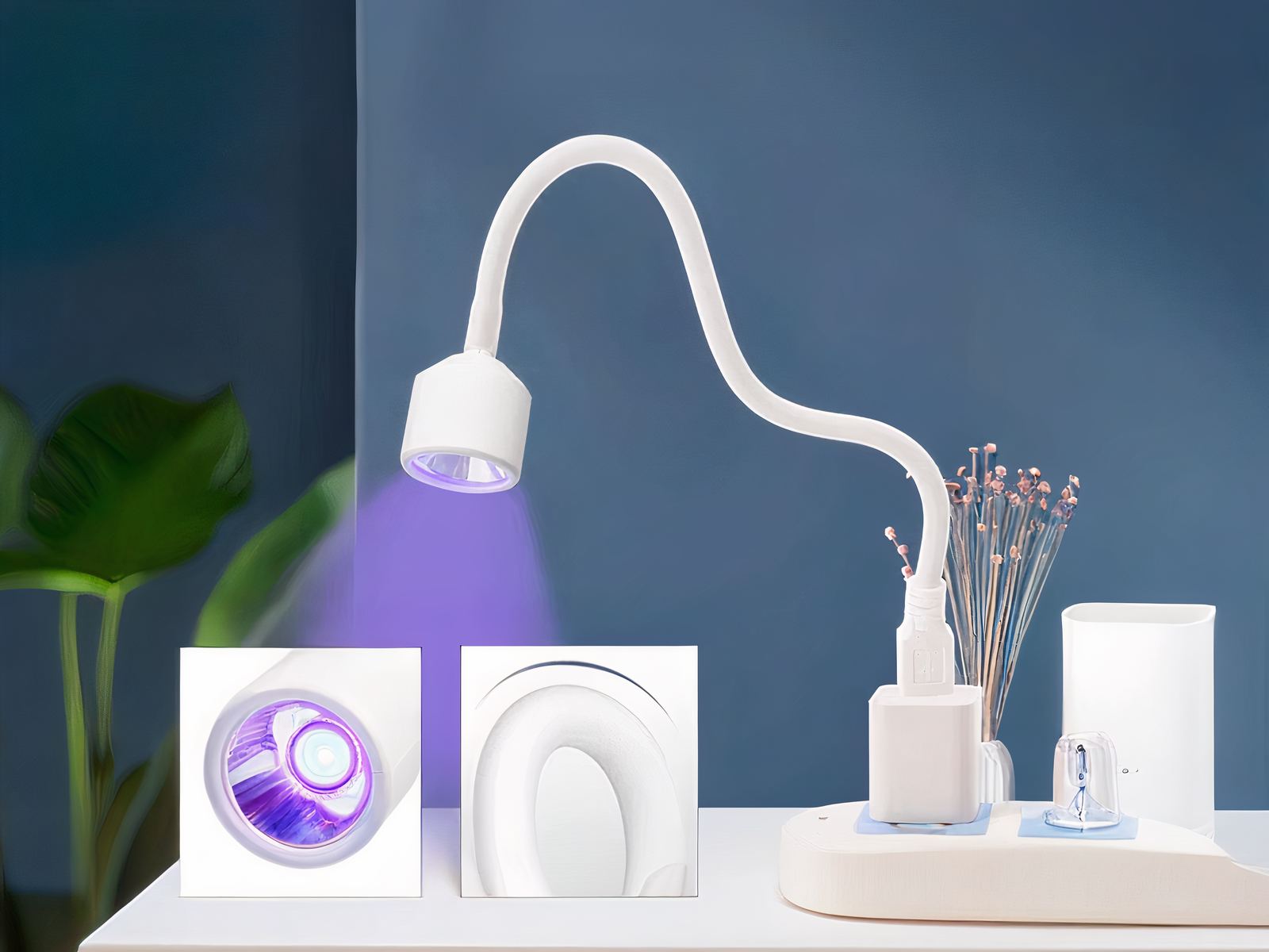 Lampe UV LED sèche ongles pratique et pliable allumée et branchée sur une prise
