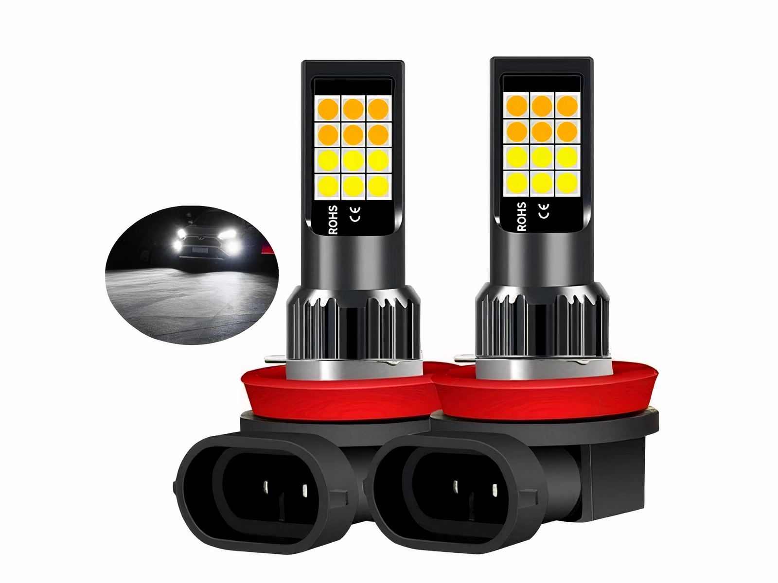 Lot 2 phares LED ampoules blanches H8-H11 à branchement direct sur fond blanc. Avec bulles d'une voiture les phares allumés.