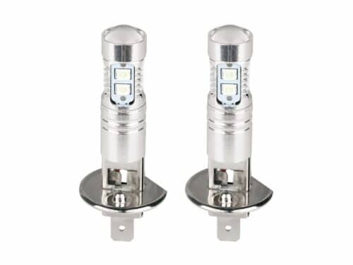Lot 2 phares LED ampoules H1 blanches 6000K sur fond blanc.