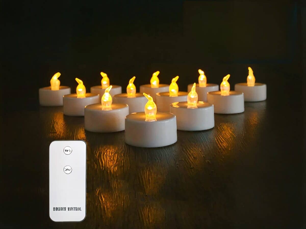 Lot de 12 bougies LED flamme vacillante petit format avec télécommande Lot de 12 bougies LED flamme vacillante petit format avec télécommande, sur un fond noir.