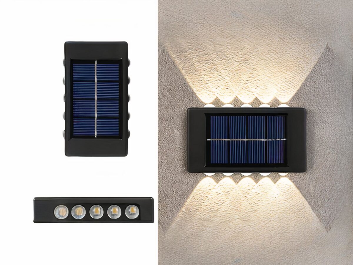 Lot de 2 appliques LED solaires murales et design, avec applique avec 10 LED, lumière jaune.