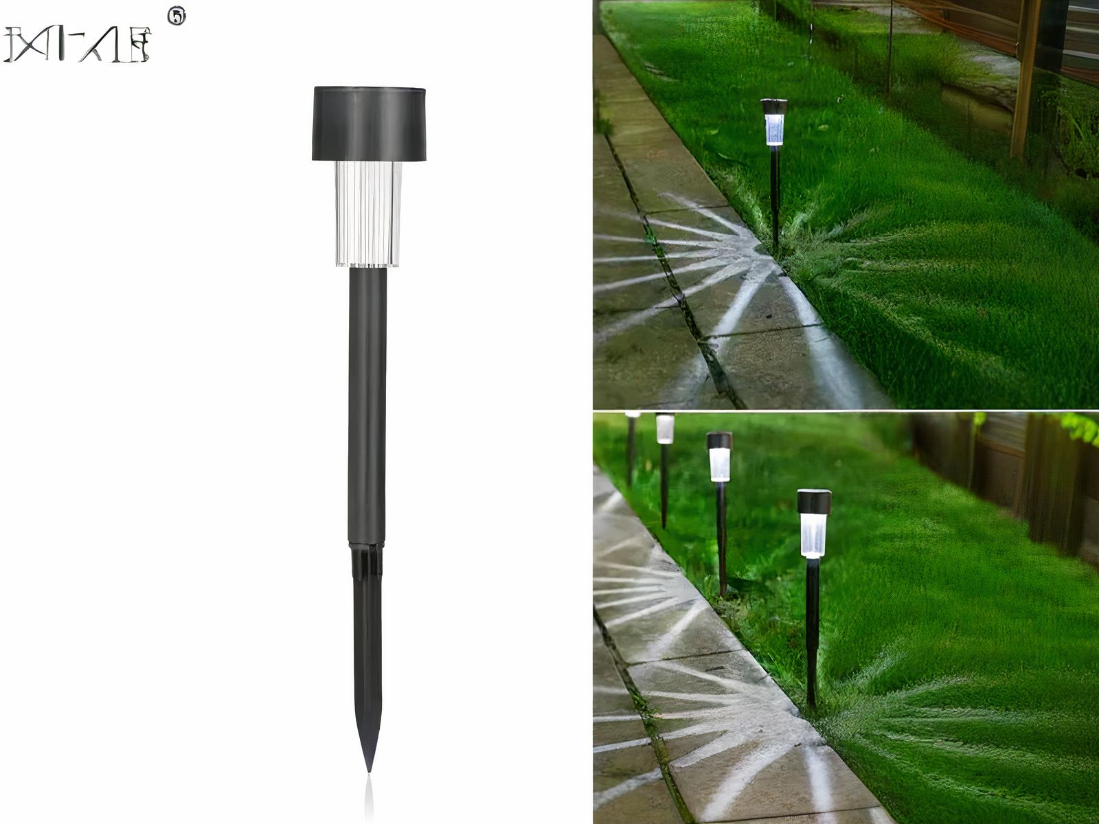 Lot de 20 bornes extérieures LED solaires et étanches noires, avec la borne du côté gauche sur fond blanc et sur la droite des bornes dans un jardin.