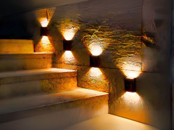 Lot de 4 appliques LED solaires noires design et étanches, le long d'un escalier.