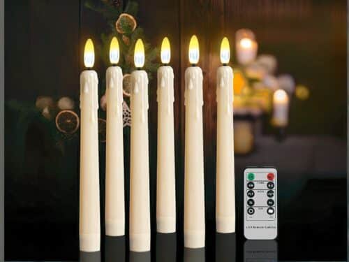Lot de 6 bougies LED flamme vacillante avec télécommande, de couleur blanche.