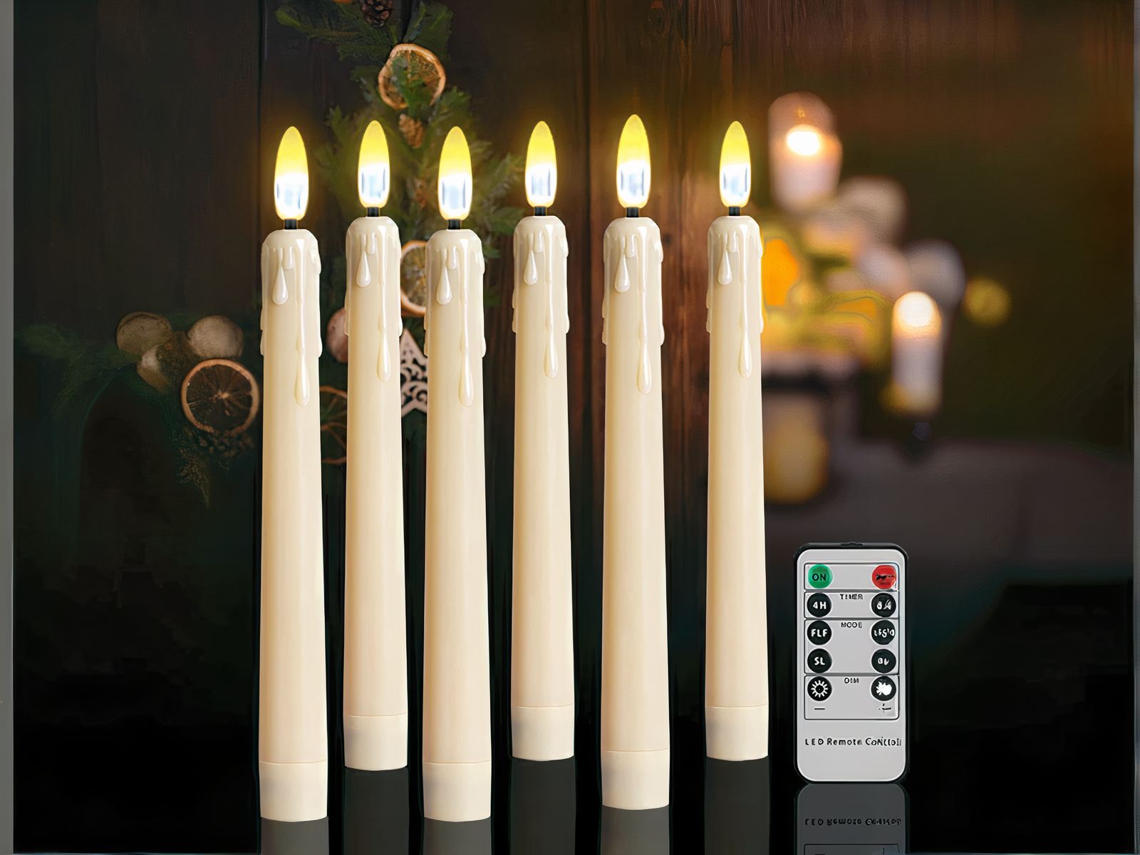 Lot de 6 bougies LED flamme vacillante avec télécommande Lot de 6 bougies LED flamme vacillante avec télécommande, de couleur blanche.