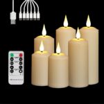 Lot de 6 bougies LED flamme vacillante design et élégantes Lot de 6 bougies LED flamme vacillante design et élégantes, de couleurs blanches, sur un fond noir.