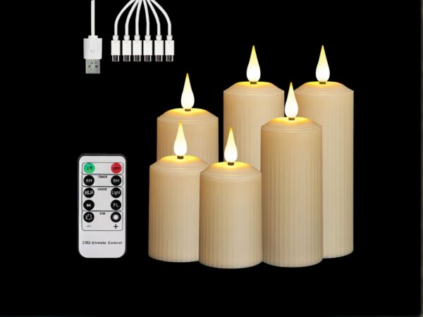 Lot de 6 bougies LED flamme vacillante design et élégantes, de couleurs blanches, sur un fond noir.