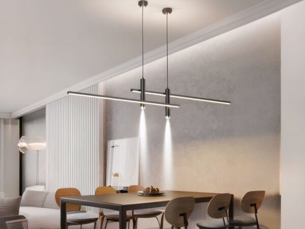 Lustre LED Design et Ajustable allumé dans un salon au-dessus d'une table à manger