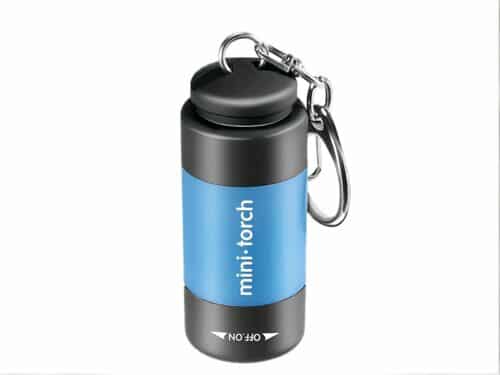 Mini lampe led étanche avec tête de réglage rotative, de couleur bleu, sur un fond blanc.