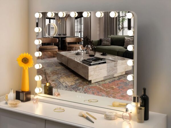 Miroir LED coiffeuse moderne et pratique allumé dans un salon